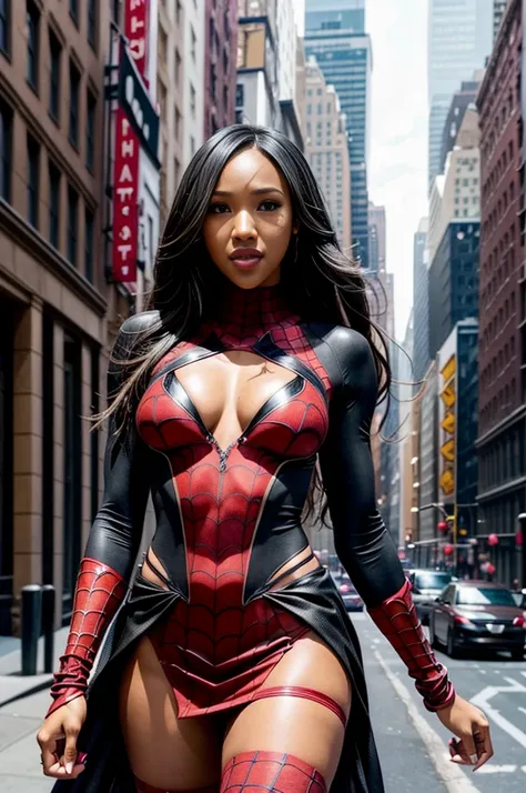 Candice Patton、Sticking out the navel、newyork、She wears a torn Spider-Man suit,wearing skirt、 Red and black color scheme,Dynamic、​masterpiece、top-quality、ultra-detailliert、ighly detailed、beautiful detailed brilliance、超A high resolution