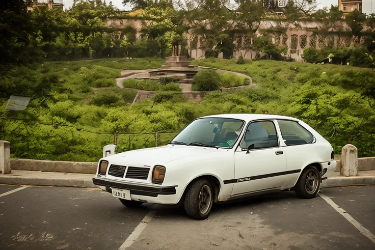 there is a white Chevrolet Chevette parked in a parking lot with a clock in the background, symmetric!, Soviet nostalgia, a head held high, symmetric!!, Directed by: Manuel Franquelo, Directed by: Felipe Seade, A beautiful detailed orisha, um antigo, um el...