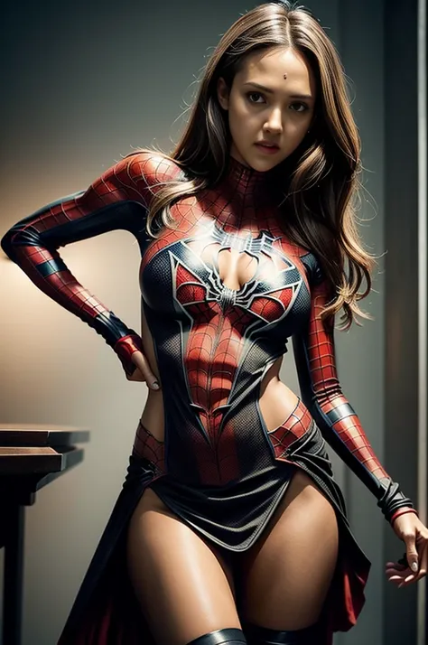 jessicaalba、Sticking out the navel、newyork、She wears a torn Spider-Man suit,wearing skirt、 Red and black color scheme,Dynamic、​masterpiece、top-quality、ultra-detailliert、ighly detailed、beautiful detailed brilliance、超A high resolution