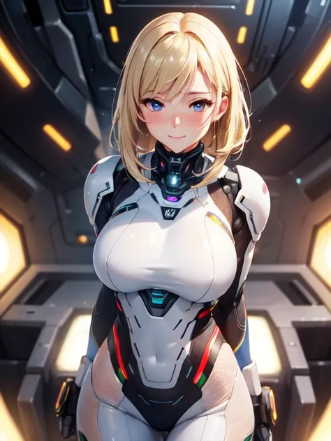 (High quality, High resolution, Fine details, Realistic), Machine Suit, Science fiction, The world of the near future, Solo, Adult Woman, Blonde hair, Sparkling eyes, Detailed eyes, Smile, blush, Large breasts, Sweat, Oily skin, (Dynamic Poses, Motion Blur...