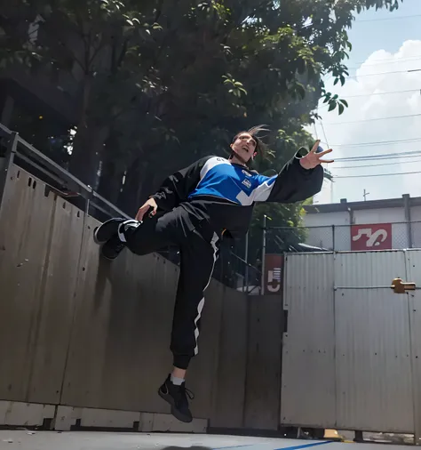 there is a man who is jumping in the air with a basketball, in the style of sifu 🔥 😎 🕹️ 👀 :2, chute alto, insane action pose, parkour, very artistic pose, perfect dynamic pose, in an action pose, Dando um chute, dramatic action pose, action pose, levitando...