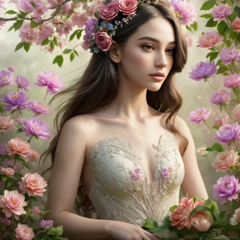 Full body. ))) (colorful, vibrant) flowers blooming on her skin, (intricate, detailed) vines and branches of plants extending upwards along her cheekbones. The flowers exhibit a (delicate, intricate) beauty, with each petal displaying a (vivid, rich) color...