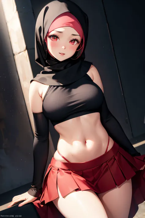 Hijabi, 1girl, parted lips, blush, makeup, light smile, red eyes, crop top, skirt, light rays, glow, thighs, collarbone, narrow waist, (masterpiece), wallpaper,