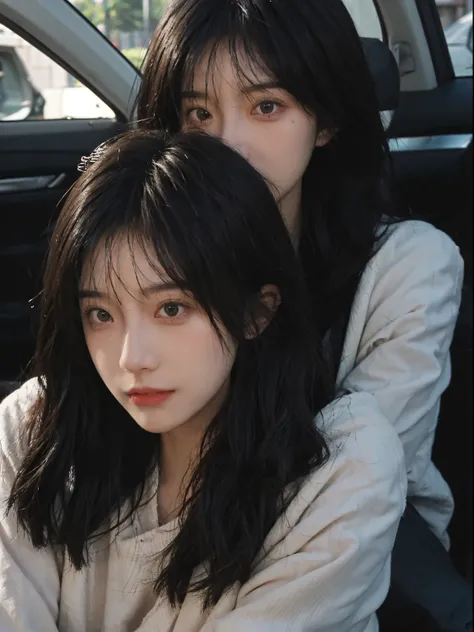 Best quality， 超高分辨率， （realistically：1.4）， A woman with long black hair and a gray sweater, The medium scene is, In a ray of sunlight，She has black hair，through bangs, young lovely Korean faces, Cute Korean face, Urzans, Shin Jinying, beautiful aesthetic fa...