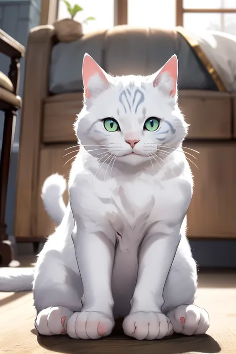 Fat cat, ((Right eye is red, Left eye is blue)), ((white cat)), no collar, Photograph chic white cats to produce ultra-high-definition images, Classic Cat Pose. Using advanced macro photography techniques、Highlights the intricate details of the cats coat, ...