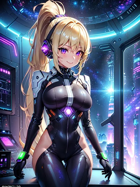 ​masterpiece:1.4, 1girl in ((20yr old, Dressed in a tight futuristic bodysuit in black and silver, long boots, huge-breasted, Multicolored blonde hair, twin ponytail, Perfect model body, Purple eyes:1.4, Wearing headphones, Flirting, Happy, Big smile, Look...