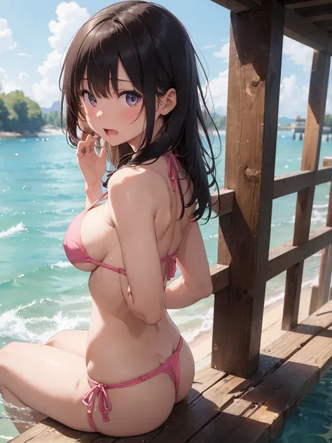 (​masterpiece:2.0), (top-quality:2.0), (sitting naked in the sea:1.5), (bikini thong is not connected :1.5), (extremely small see-through pink thong bikini:1.5), (super sexypose:1.5), (view from the side:1.5), (blushed face:1.3), (super thin fabric:1.5), (...