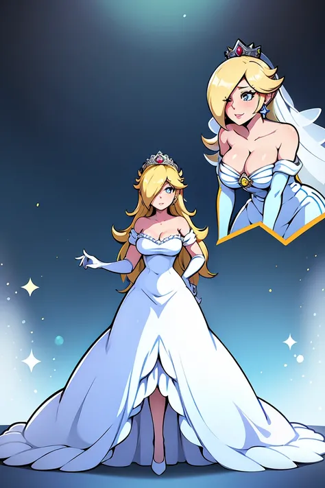 blue eyes, yellow hair, wedding dress, white dress, wedding veil, getting married, cleavage, closed mouth, lipstick, smooth skin, gloves, earrings, full body, hand on boobs, multiple girls, rosalina, size difference, giantess, bare legs