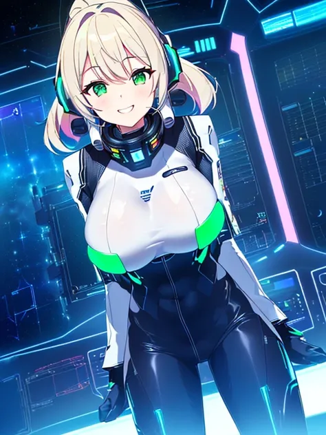 ​masterpiece:1.4, 1girl in ((20yr old, Dressed in a tight futuristic bodysuit in white and silver, long boots, huge-breasted, Multicolored blonde hair, twin ponytail, Perfect model body, Green eyes:1.4, Wearing headphones, Flirting, Happy, Big smile, Looki...