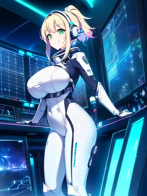 ​masterpiece:1.4, 1girl in ((20yr old, Dressed in a tight futuristic bodysuit in white and silver, long boots, huge-breasted, Multicolored blonde hair, twin ponytail, Perfect model body, Green eyes:1.4, Wearing headphones, Flirting, Happy, Big smile, Looki...