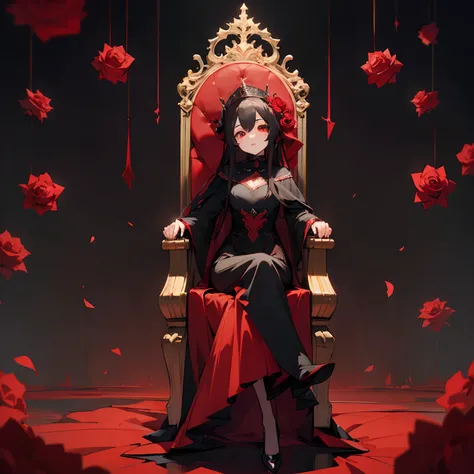 1girl in,A dark-haired,Tsuriformes,Red eyes,Sitting on a throne,Black tight dress,Dark background,red roses are growing