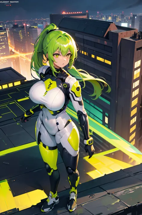 4k,hight resolution,One Woman,Yellow-green hair,Long ponytail,Yellow eyes,large full breasts,White Cyber Suit,knifes,On the roof of a building,dusk sky