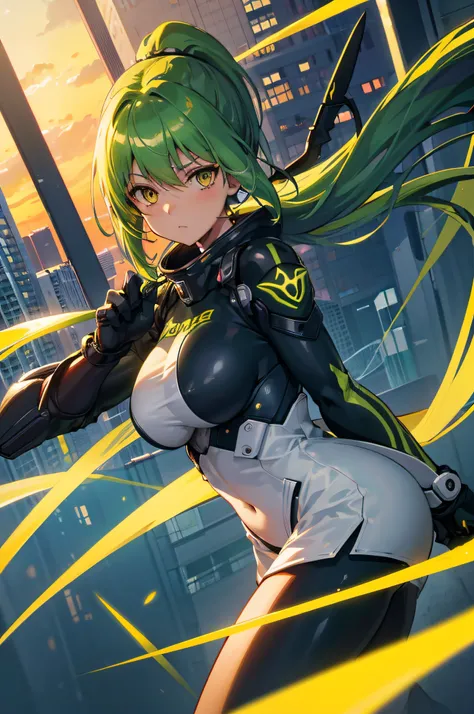 4k,hight resolution,One Woman,Yellow-green hair,Long ponytail,Yellow eyes,large full breasts,White Cyber Suit,knifes,On the roof of a building,dusk sky