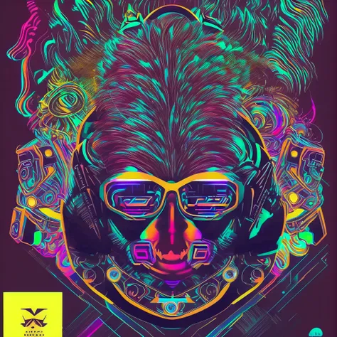 uma figura de macaco dj futurista, com luzes nos olhos, cercado pelo design de camiseta vector vibraprint ready, cyberpunk monke...