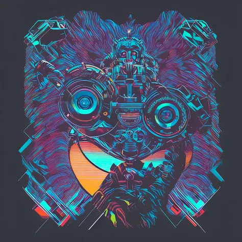 uma figura de macaco dj futurista, com luzes nos olhos, cercado pelo design de camiseta vector vibraprint ready, cyberpunk monke...