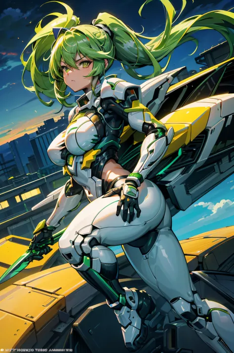 4k,hight resolution,One Woman,Yellow-green hair,Long ponytail,Yellow eyes,large full breasts,mecha musume,White Cyber Suit,knifes,On the roof of a building,dusk sky