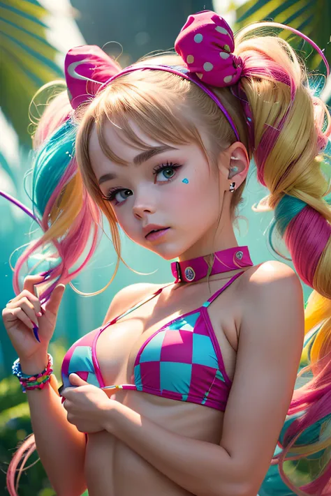 ((Brec Bassinger)) , blond woman in a bikini with braids and a choke, wearing pearl neon bikini, colorful pigtail, blond hair with pigtails, y 2 k cutecore clowncore, blonde goddess, electronic bikini, rave inspired, bold rave outfit, decora inspired, cute...