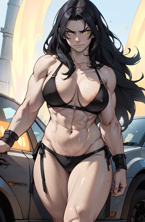 ((1 girl)), extremely long hair, solo, ((muscular)), veins, black hair, yellow eyes, pale skin, strong, veins, abs, (huge breasts), frowning, (((uhd best quality 16k))) lingerie