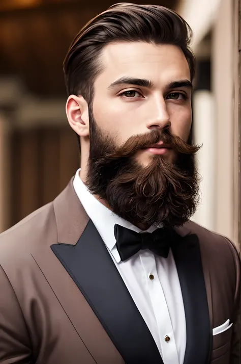 Brunette dark brown formal hair full beard big lips slim