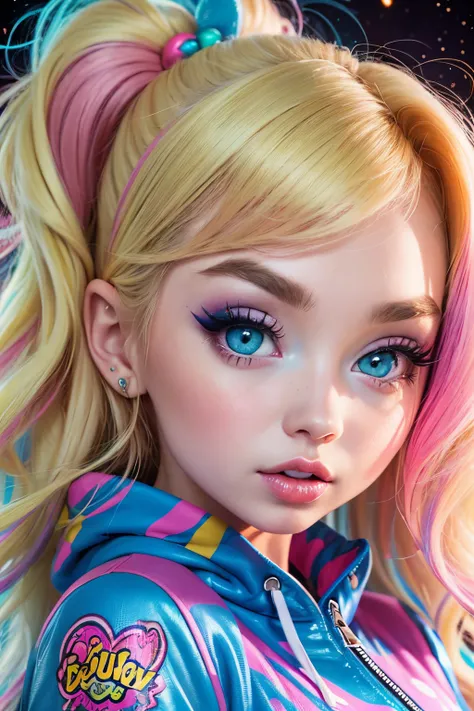 Brec Bassinger blond woman with pink and blue makeup and a pink and blue jacket, blonde girl in a cosmic dress, cartoon look, ava max, Brec Bassinger face!!, blonde hair and large eyes, lisa frank style, long blonde hair and large eyes, ahegao face, alexa ...