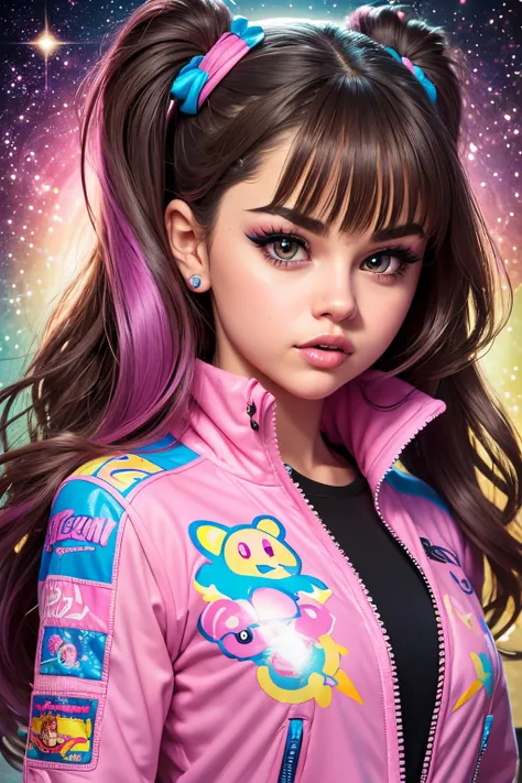 (Selena Gomez), woman with pink and blue makeup and a pink and blue jacket, brown girl in a cosmic dress, cartoon look, ava max, large eyes, lisa frank style, long brown hair and large eyes, ahegao face, alexa grace, wearing atompunk jumpsuit, inspired by ...