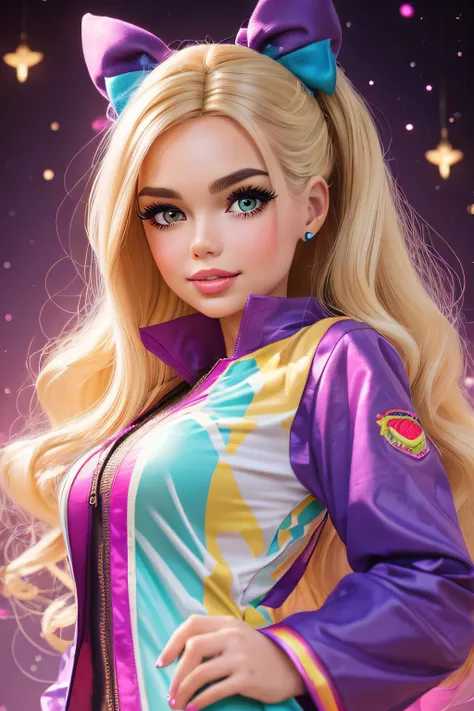 ((BArbie)) blond woman with pink and blue makeup and a pink and blue jacket, blonde girl in a cosmic dress, cartoon look, ava max, Brec Bassinger face!!, blonde hair and large eyes, lisa frank style, long blonde hair and large eyes, ahegao face, alexa grac...