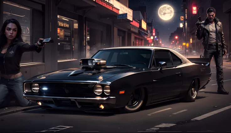 an imposing black Dodge Charger with its headlights on on a street in East Los Angeles at night full of stars with Saturn appearing with rings and comets crossing the sky and with the full moon illuminated and reflecting objects. Grafitti nos muros e carro...