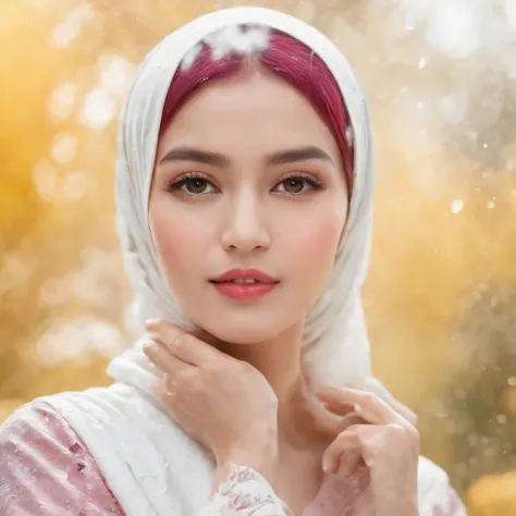 (Masterpiece, Best Quality, High Resolution, 4K Resolution, 8K Resolution, Realistic, Real human), White Background, ((Paint Splash, Color Splash, Splash of Ink, Color Splash)), Sweet Chinese Girl hijab, Rainbow Hair, Pink Lips, Front, Upper Body, hijab