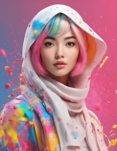 (Masterpiece, Best Quality, High Resolution), White Background, ((Paint Splash, Color Splash, Splash of Ink, Color Splash)), Sweet Chinese Girl hijab, Rainbow Hair, Pink Lips, Front, Upper Body, hijab