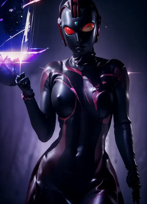 Ultraman Woman, （High quality）（The sheen）Covering her naked face with a black mask, Female Solo, Alien eyes shine。The whole body is covered with a black bodysuit, One female protagonist, Pink lines all over the body, Dark background,