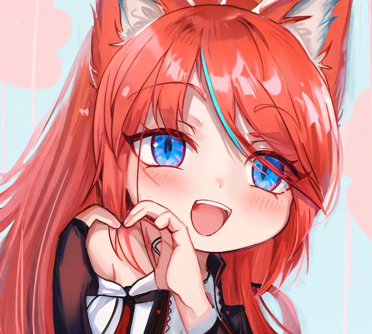 anime girl with red hair and blue eyes making a heart sign, holo is a wolf girl, [[[[grinning evily]]]], holo if a wolf girl, foxgirl, fox nobushi, mihoyo art style, cute anime catgirl, vivy, anime catgirl, rias gremory, tonic the fox