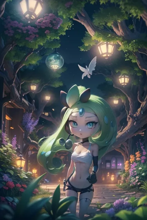 (best quality, 4k, 8k, high resolution, masterpiece: 1.2), (ultra detailed), (anime style), (Pokémon), (creature), (meloetta), (garden at night), (mystical glow all around), portraits, anime, sharp focus, vivid colors, HDR