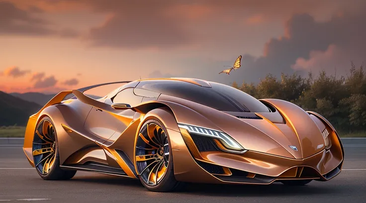 a car shaped like a butterfly,butterfly-inspired design,metallic bronze finish,shimmering iridescent wings,flowing curves and elegant silhouette,futuristic and innovative,scissor doors,seamless sleek body,headlights resembling butterflys eyes,LED tail ligh...