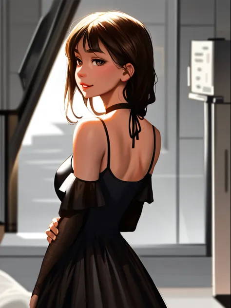 sam yang， 1girll， back， exposed bare shoulders， 黑The eye， dark circles， brown  hair， 耳Nipple Ring， jewely， cparted lips， long whitr hair， looking at viewert， back to look back， choker necklace， cropped shoulders， Lips half open， sportrait， daysies， depth o...