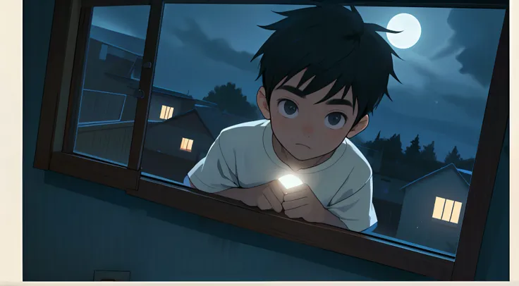 Closeup of a boy seeing outside his bedroom window at night