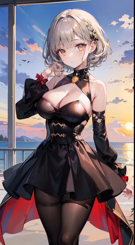 (top-quality、​masterpiece、high-level image quality、Super delicate)、((a beauty girl))、(smooth dull gray hair)、(curly short hair、Long bangs)、(Braided hair)Yellow eyes like a brilliant sunset、Black Choker、Moderately large breasts、((Super obscene black tights ...