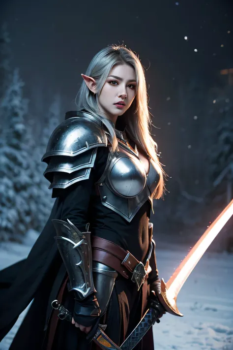 A female blood elf death knight has long silver hair, wears black heavy armor, and carries a huge sword exuding cold air.