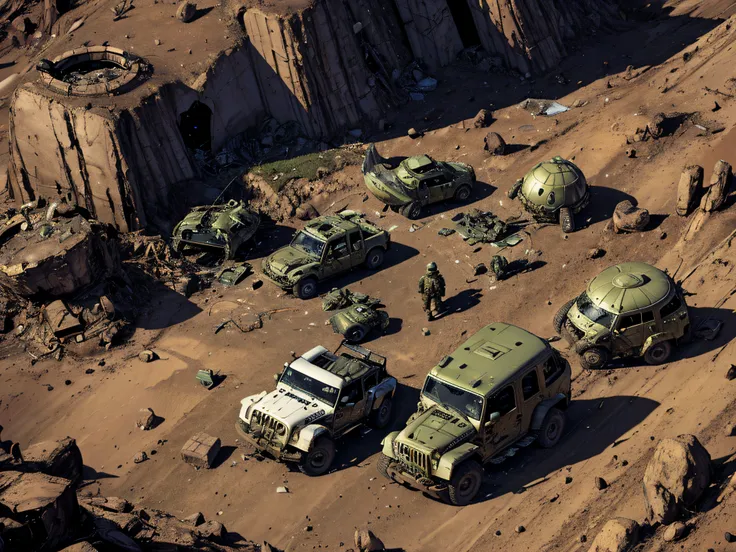 a flying saucer crash on the side of a hill with Debris  all over the crash site, Alien bodies on the floor with American soldiers on jeeps on the background