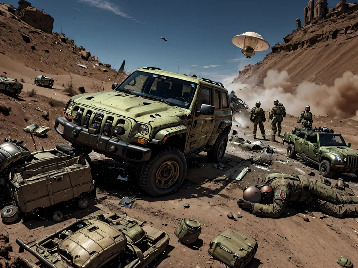 a flying saucer crash on the side of a hill with Debris all over the crash site, Alien bodies on the floor with American soldiers on jeeps on the background