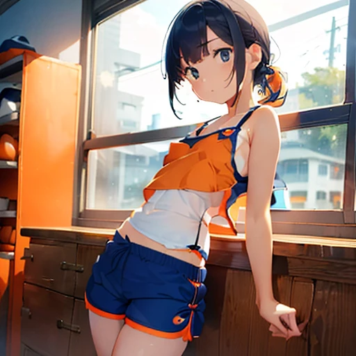 ​masterpiece,top-quality,swim wears((((navy blue shorts with white piping、orange camisole with navy piping)))),