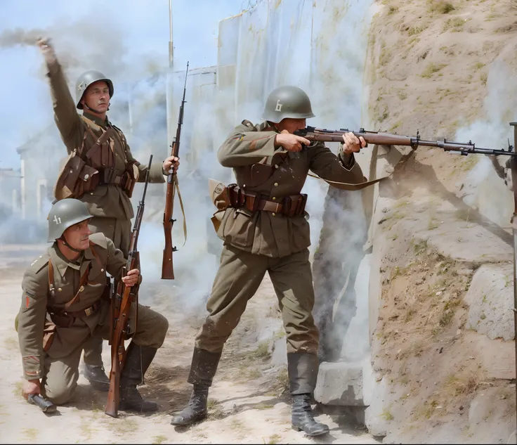 soldiers in uniforms are holding their guns and aiming at a man, german and soviet soldiers, detail, schutztruppe, soldiers char...