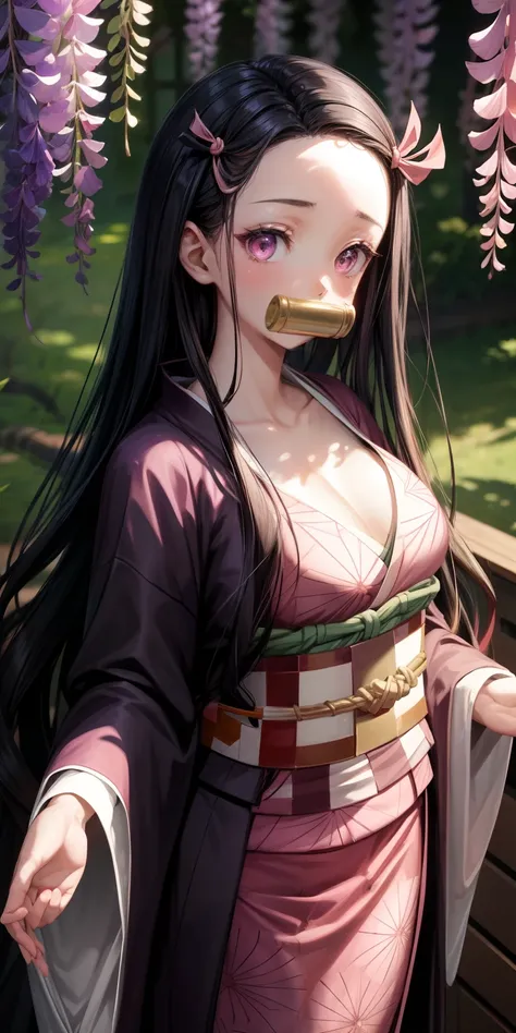 masterpiece, (pink kimono), seductive face, good lighting, décolleté, fine details, masterpiece, glowing eyes, 1girl, black hair, gag, bamboo, Nezuko Kamado, wisteria background, masterpiece, best quality, POV, whole body, wide hips,