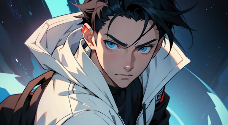 Anime boy with blue eyes and black hair in a white jacket, tall anime man with blue eyes, 2 d anime style, trigger anime art style, young anime man, Anime Boy, anime moe art style, male anime characters, Official Character Art, Key Anime Art, 2 D Anime, he...