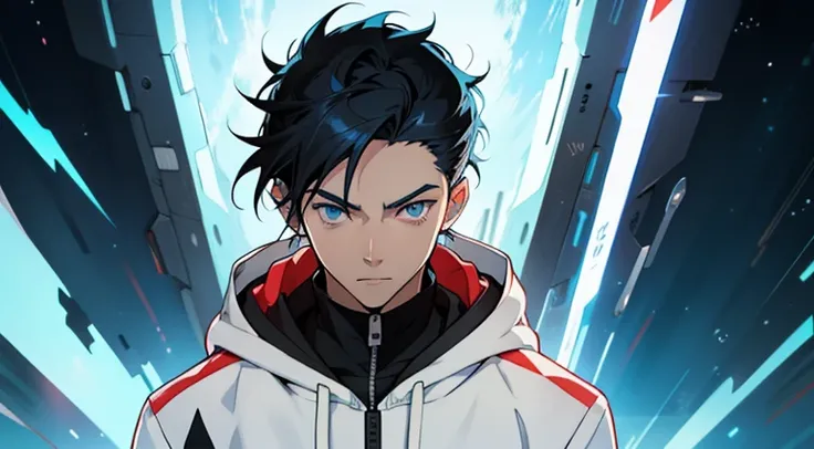 Anime boy with blue eyes and black hair in a white jacket, tall anime man with blue eyes, 2 d anime style, trigger anime art style, young anime man, Anime Boy, anime moe art style, male anime characters, Official Character Art, Key Anime Art, 2 D Anime, he...