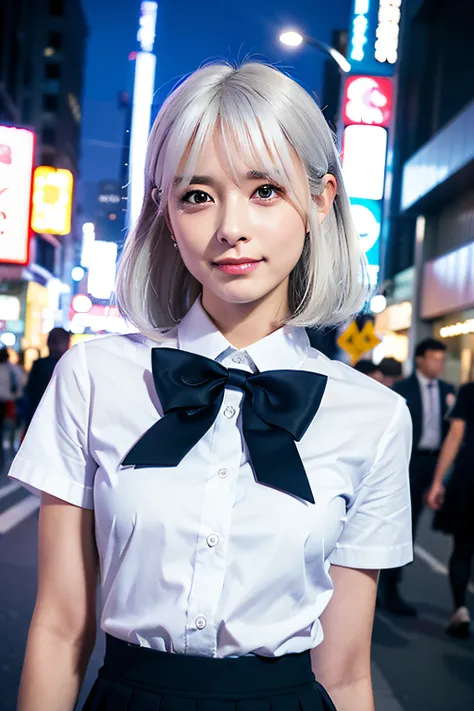 (8k, RAW photo, best quality, mastery:1.3), (realistic, photo-realistic:1.37), (looking viewer:1.331), (white hair), posing, Tokyo street, nightcityscape, cyberpunk city, soft light, 1girl, extremely beautiful face , Perfect body proportions, (small face: ...