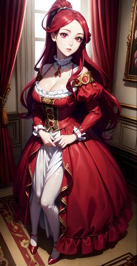 Semi realistic, (masterpiece), best quality, 1girl, (full body:1.2), exquisite skin, (detailed eyes:1.3), (glossy lips), lip gloss, (red eyes:1.3), long hair, (high ponytail), red hair, hair ornament, (beautiful rococo dress), 19th century dress