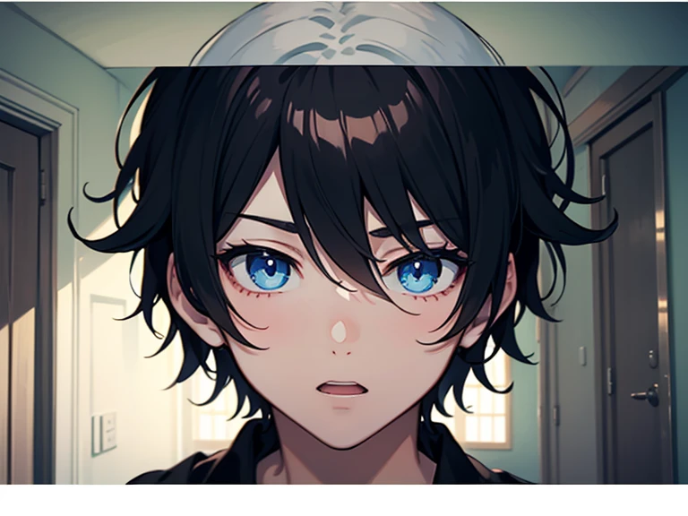 One boy looked surprised，Black color hair，blue color eyes，Handsome，inside the house，Illustration anime style，Dark 4K, hyper HD, Masterpiece