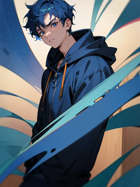 1boy, short dark blue hair, dark blue eyes, wearing a dark blue hoodie, serious, upper body shot, absurdres, high res, ultrasharp, 8k, masterpiece