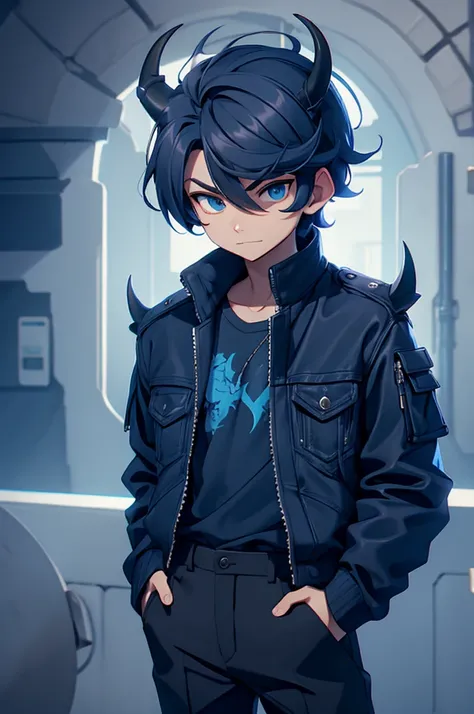 boy, blue shirt, black jacket, black pants, dragon horns