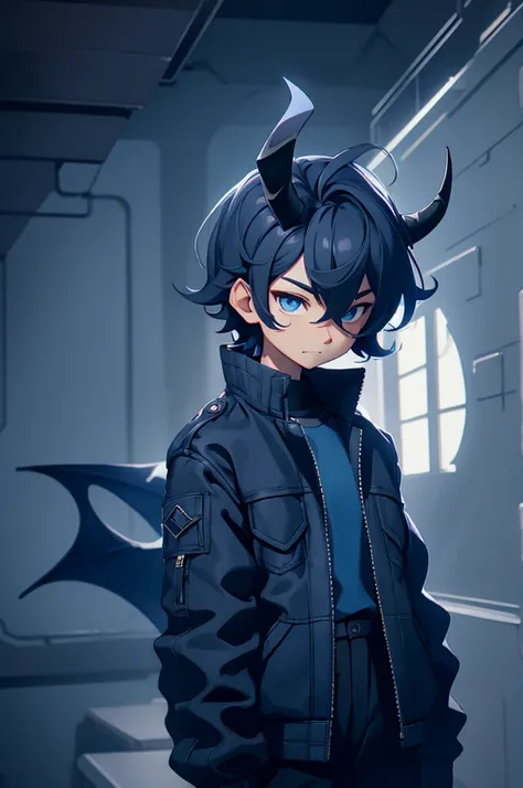 boy, blue shirt, black jacket, black pants, dragon horns